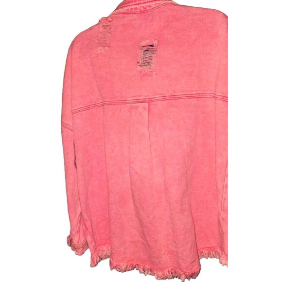 Vintage Pink Distressed Denim Jacket With Frayed Hem & Button Front Large - Picture 8 of 9